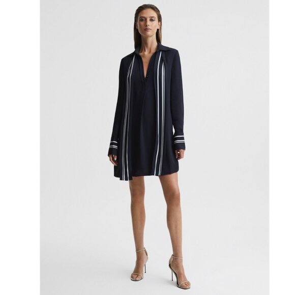 REISS Feya Navy Blue Stripe Detail Mini Dress Long Sleeve Pockets UK 6 US 2 - Picture 1 of 14